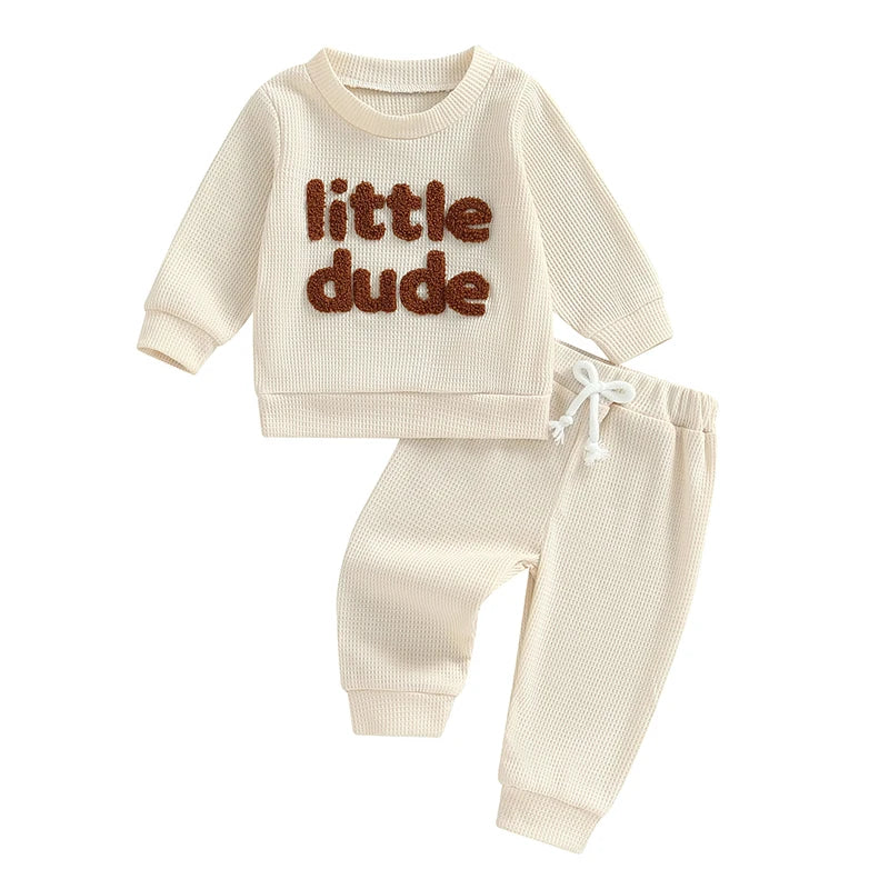 Baby Toddler Boys 2Pcs Little Dude Waffle Outfit Letter Embroidery Long Sleeve Top with Elastic Waist Solid Pants Set