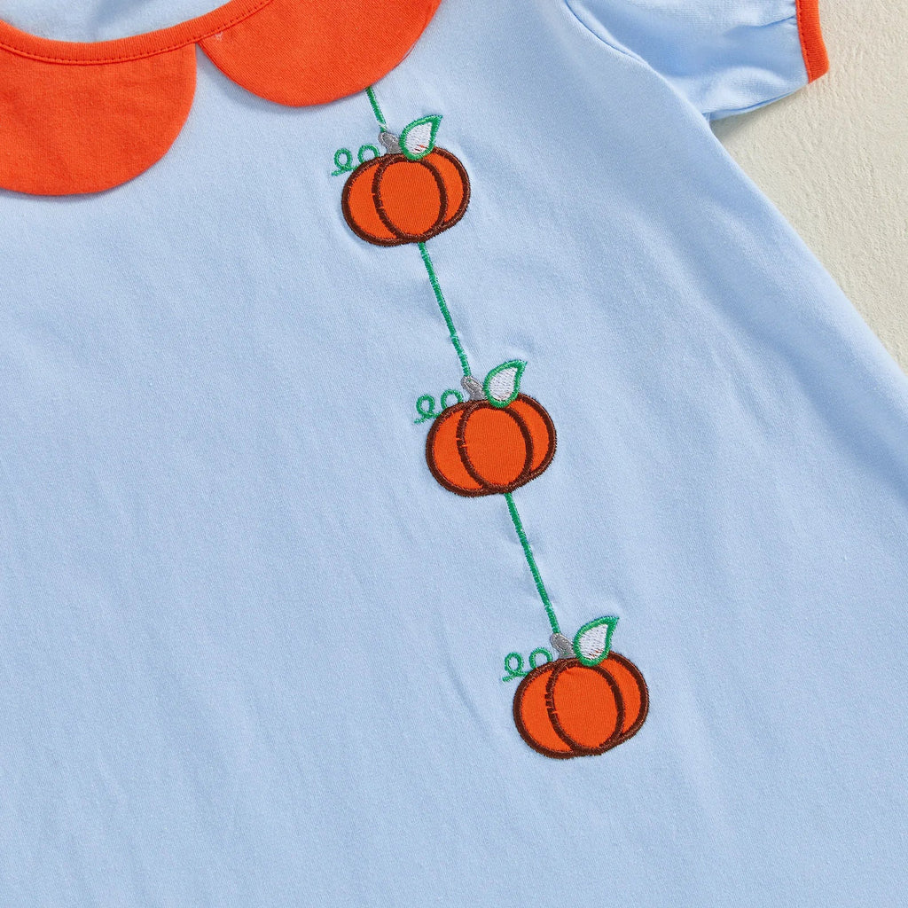 Toddler Kids Girl Halloween Dress Short Sleeve Round Neck Pumpkin Embroidery Dress Kid A-Line Dress