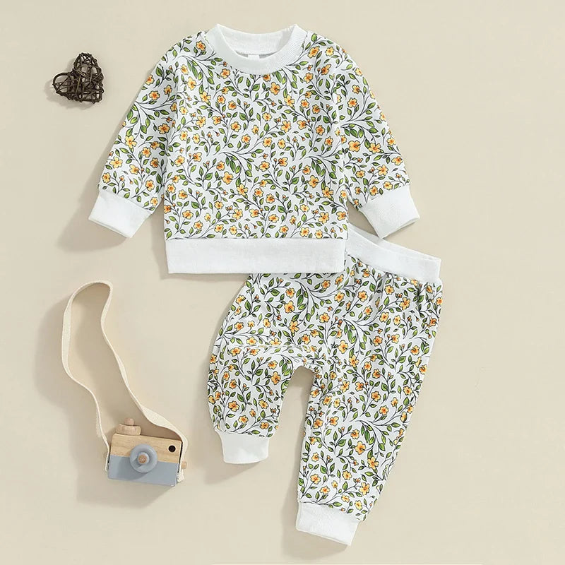 Baby Toddler Girls 2Pcs Outfit Floral Flowers Long Sleeve Crew Neck Top with Elastic Waist Pants Set