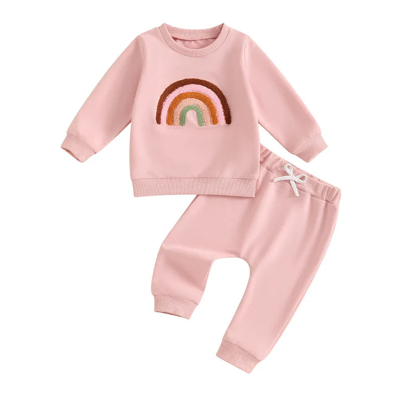 Baby Toddler Girls 2Pcs Outfit Embroidery Rainbow Long Sleeve Crew Neck Top with Elastic Waist Pants Set
