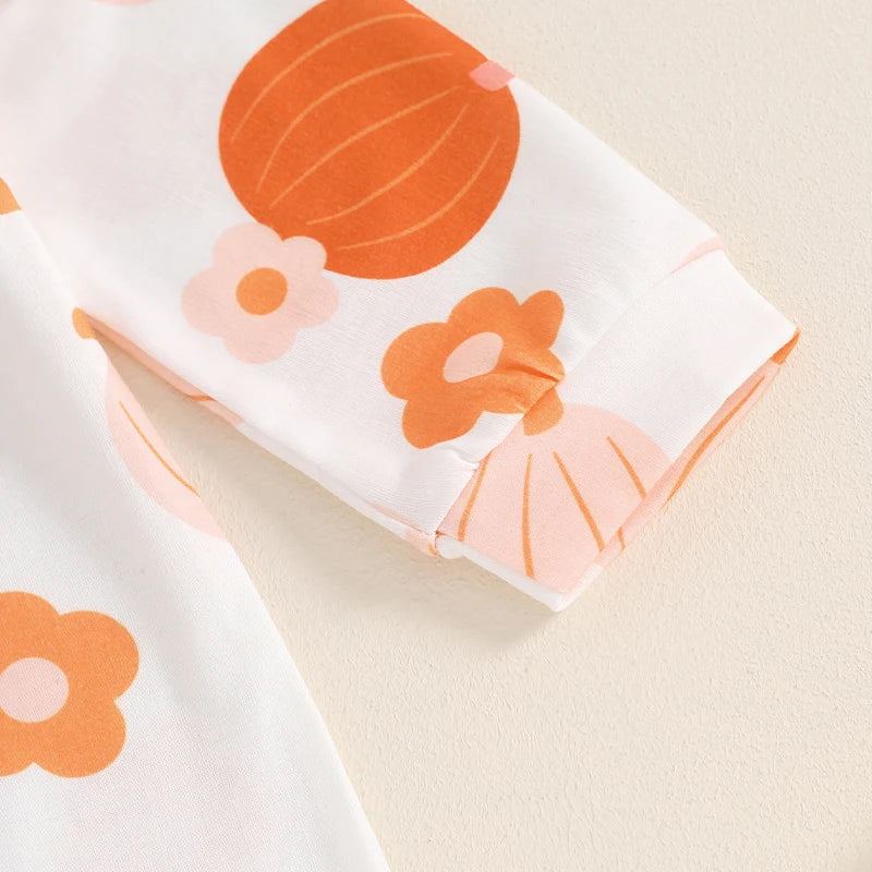 Baby Girls 2Pcs Fall Outfit Long Sleeve Pumpkin Flower Print Jumpsuit with Headband Halloween Clothes Romper Set