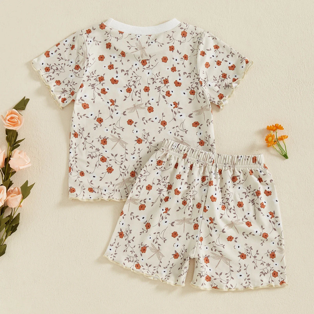 Baby Toddler Girls 2Pcs Set Floral Print Lettuce Trim Short Sleeve T-shirt Top Elastic Waist Shorts Summer Clothes Outfit