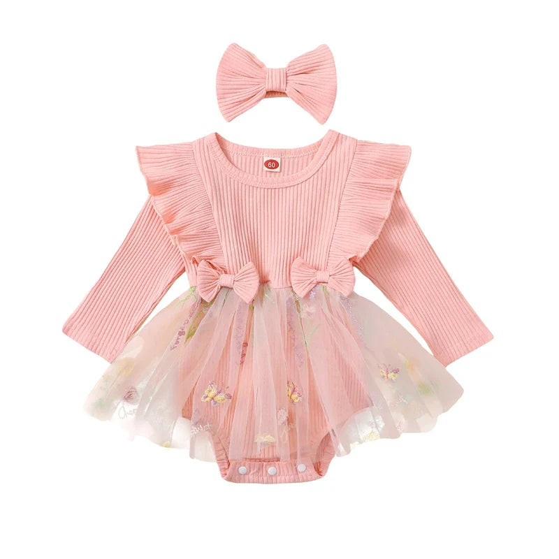 Baby Toddler Girls 2Pcs Outfit Floral Mesh Ruffles Long Sleeve Romper Dress Skirt Tutu and Headband Set