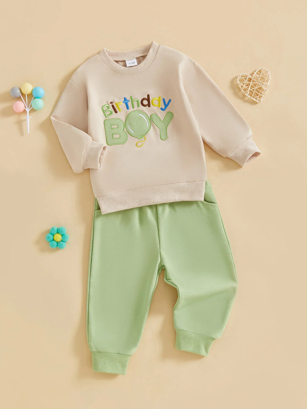 Baby Toddler Boy 2Pcs Birthday Boy Outfit Letter Ballon Embroidery Long Sleeve Pullover Crewneck Top Elastic Waist Solid Pants Jogger Set
