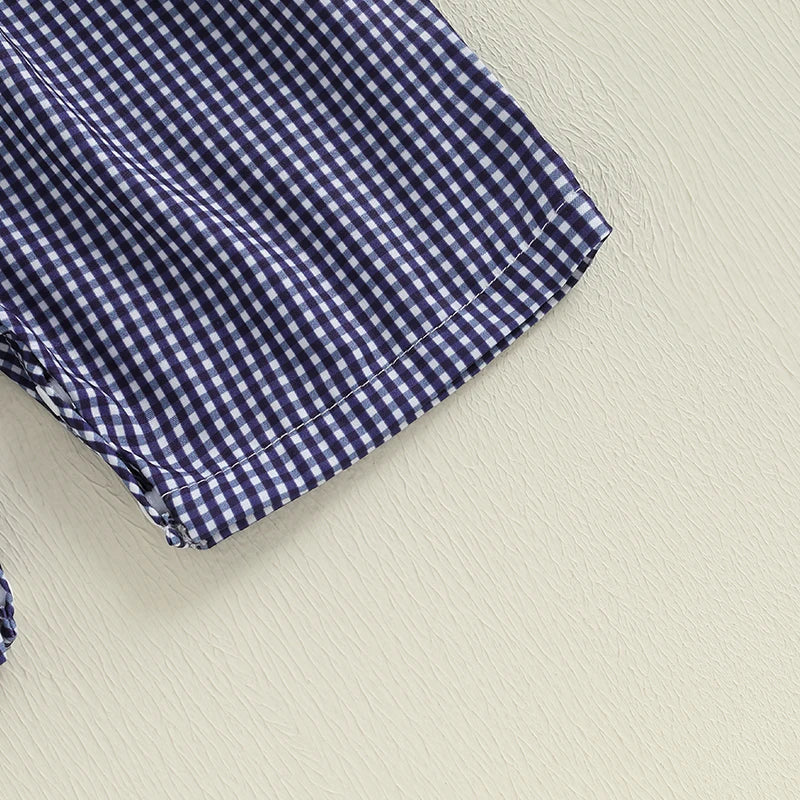 Baby Girl 4th of July Romper Smocked Plaid Pattern American Flag Embroidery Ruffled Doll Collar Short Sleeve Jumpsuit