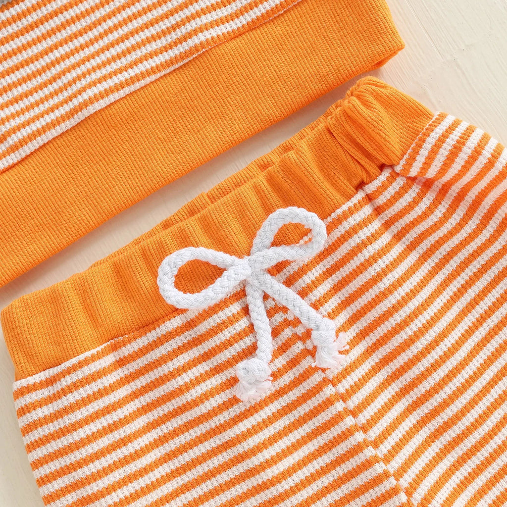 Baby Toddler Boy Girl 2Pcs Halloween Outfit Pumpkin Embroidery Boo Ghost Striped Long Sleeve Top and Elastic Jogger Pants Set