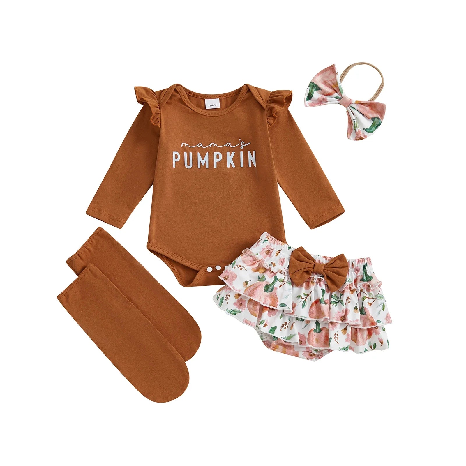Baby Girls 4Pcs Halloween Outfit Letter Mama's Pumpkin Long Sleeve Romper Pumpkin Ruffle Shorts Skirt Bow Headband Solid Stockings Set