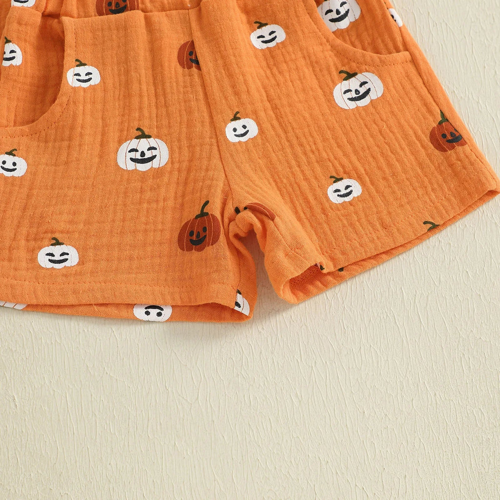 Baby Boys Halloween Outfits Pumpkin Print Button Short Sleeves T-Shirt and Elastic Shorts Set Clothes Set