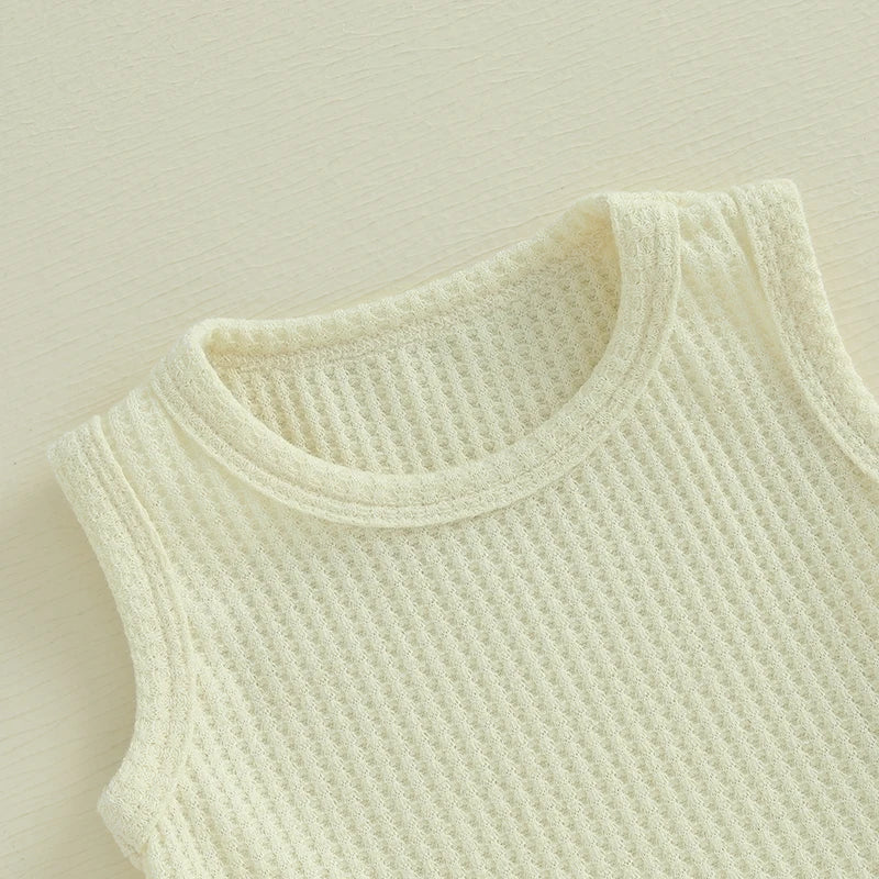 Baby Toddler Girl 2Pcs Summer Outfit Solid Waffle Round Neck Ruffled Tank Top with Long Pants Set