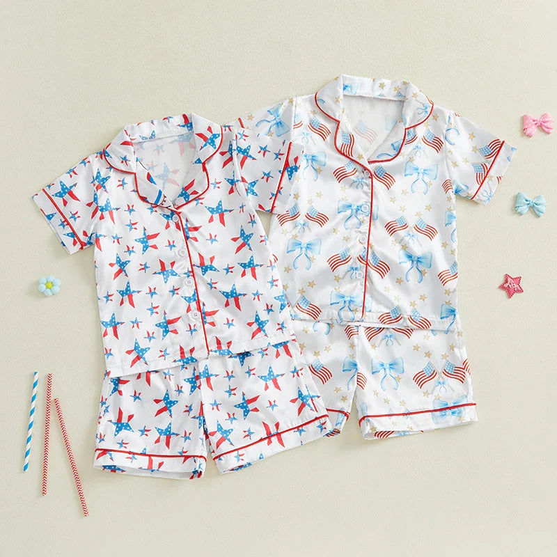 Toddler Girls Patriotic Pajamas Set Summer Star/Bow Print Button up Short Sleeves Shirt with Elastic Shorts for Loungewear