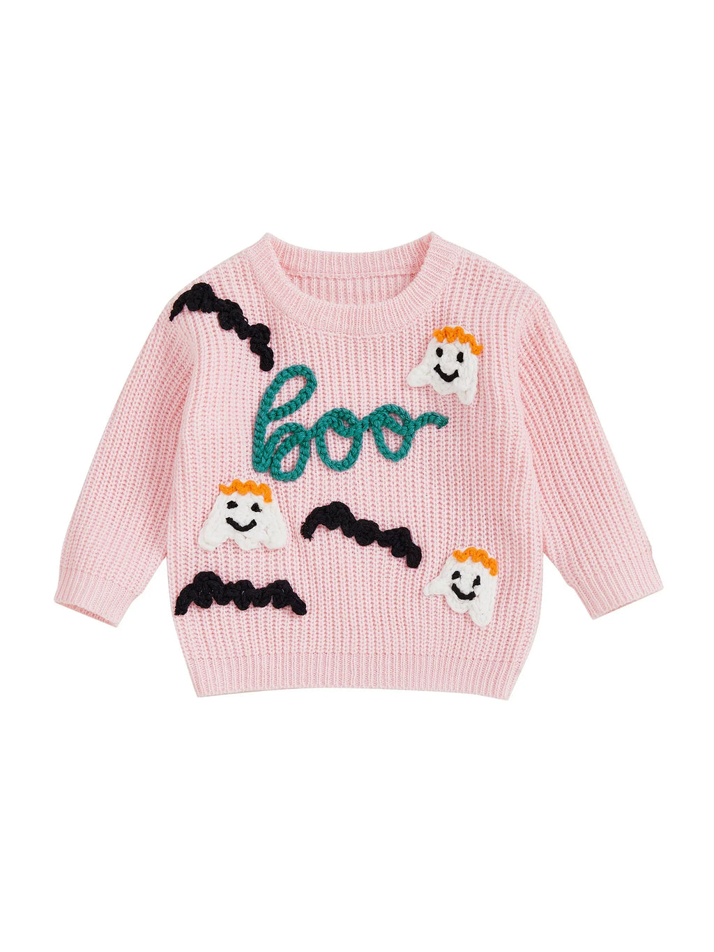 Baby Toddler Girls Halloween Sweater Long Sleeve Round Neck Letter Boo Ghost Embroidery Knit Pullover Top