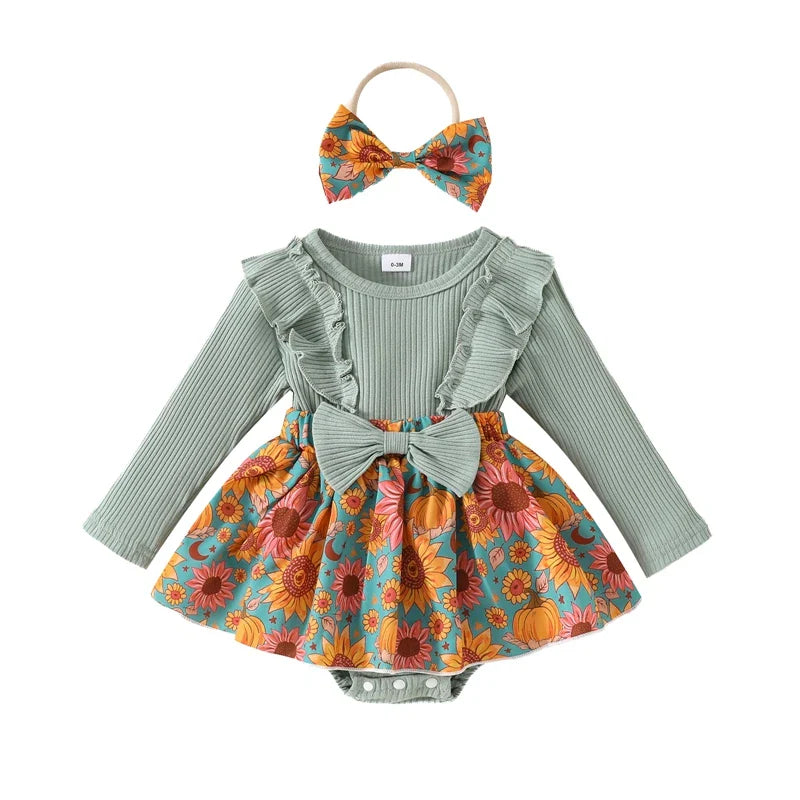 Baby Toddler Girls 2Pcs Fall Outfit Flower Print Ruffle Trim Long Sleeve Romper Dress Skirt Bow Headband Set