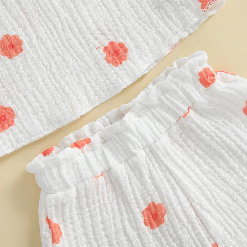 Baby Toddler Girls 2Pcs Floral Outfit Cap Sleeve T-shirt Top Elastic Waist Ruffle Shorts Summer Set