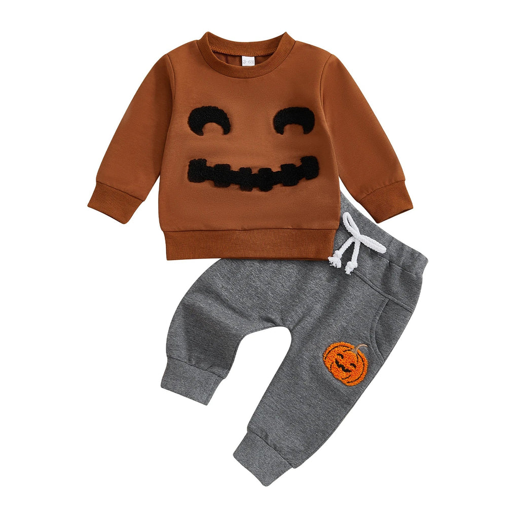 Baby Toddler Boy 2Pcs Halloween Outfit Long Sleeve Top Pumpkin Embroidery Pants Set Toddler Clothes