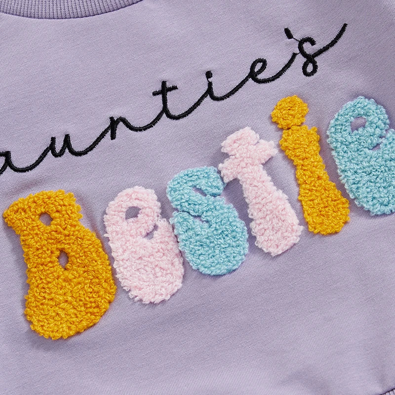 Baby Toddler Girls 2Pcs Auntie's Bestie Outfit Long Sleeve Crew Neck Embroidery Letter Top with Elastic Waist Pants Clothes Jogger Set