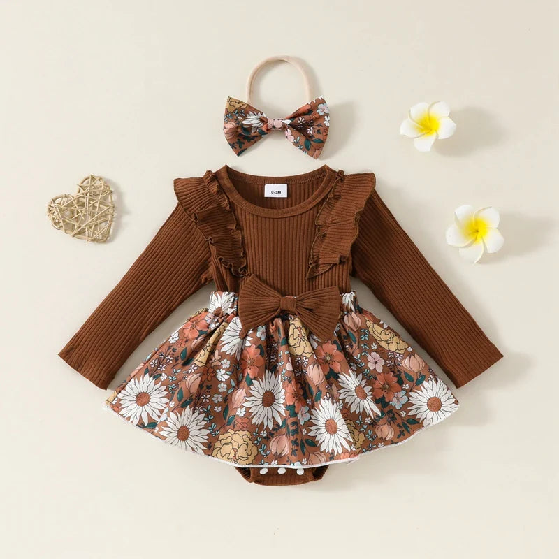 Baby Toddler Girls 2Pcs Fall Outfit Flower Print Ruffle Trim Long Sleeve Romper Dress Skirt Bow Headband Set
