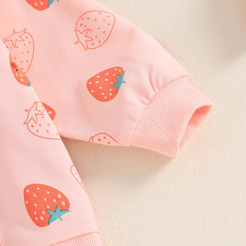 Baby Toddler Girls 2Pcs Fall Strawberry Print Outfit Long Sleeve Top Elastic Waist Pants with Pockets Set