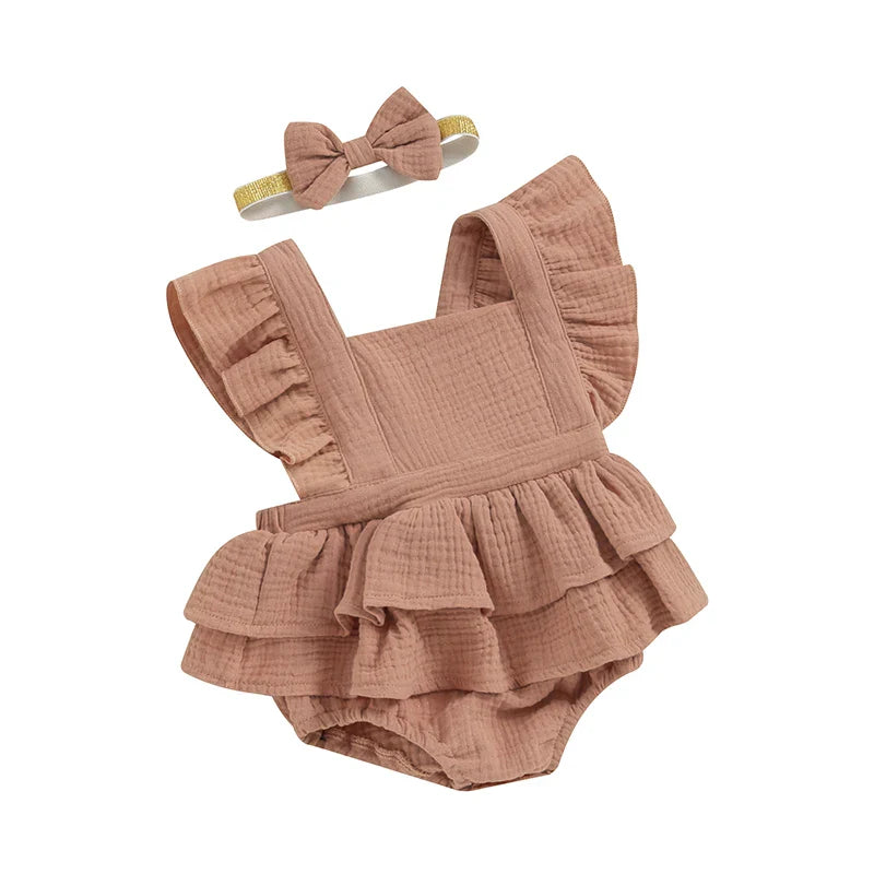 Baby Girls 2Pcs Romper Dress Solid Color Fly Sleeve Skirt Hem Tank Top Bodysuit Summer Clothes with Headband Set