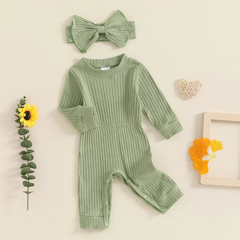 Baby Girls 2Pcs Fall Outfit Long Sleeve Round Neck Ribbed Full Leg Jumpsuit with Headband Set