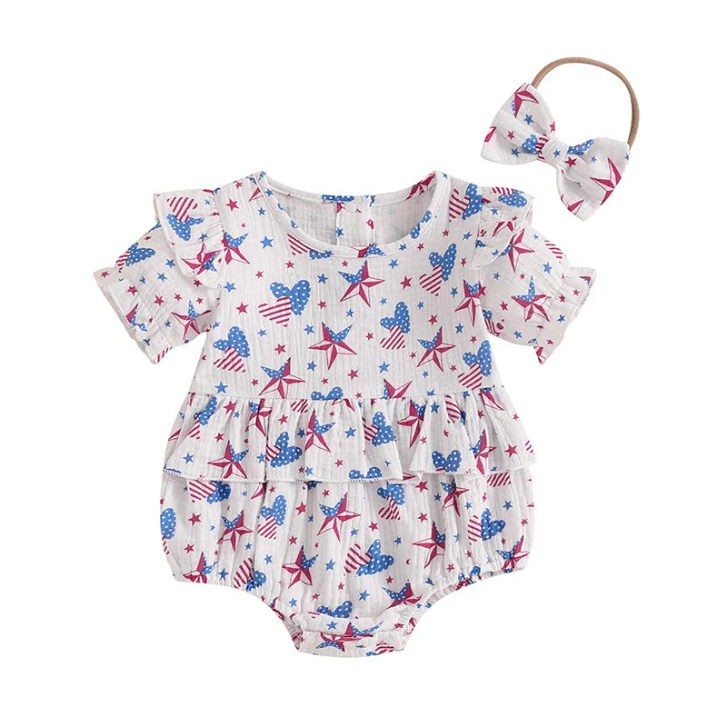 Baby Girl 2Pcs 4th of July Outfit Love Heart Star Pattern Ruffled Crew Neck Short Sleeve Romper & Bow Headband Set