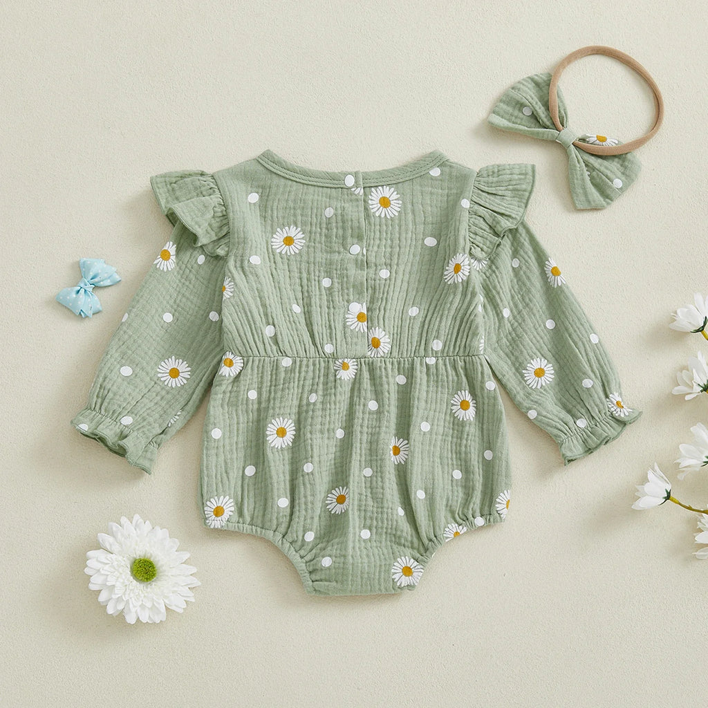 Baby Girl Fall Bubble Romper Daisy Print Long Sleeve Round Neck Bow Jumpsuit with Headband