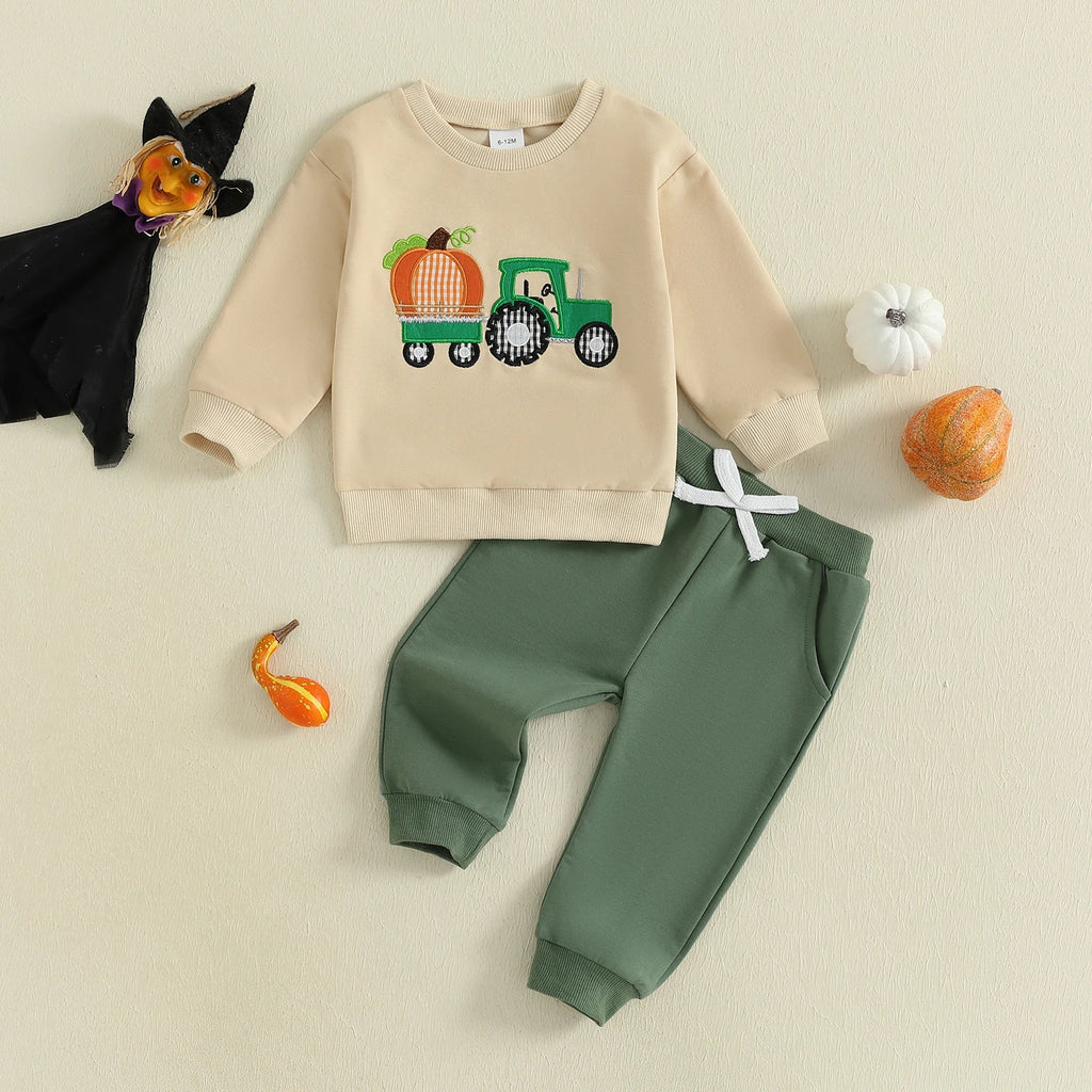 Baby Boy Fall Outfit Pumpkin Turkey Tractor Embroidery Long Sleeve Sweatshirt and Elastic Pants Clothes