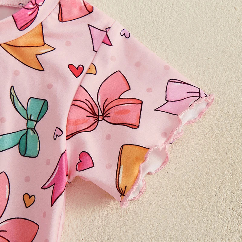 Baby Toddler Kids Girls 2Pcs Summer Outfit Bow Print Crew Neck Short Sleeve T-Shirt Top Frilly Shorts Clothes Set