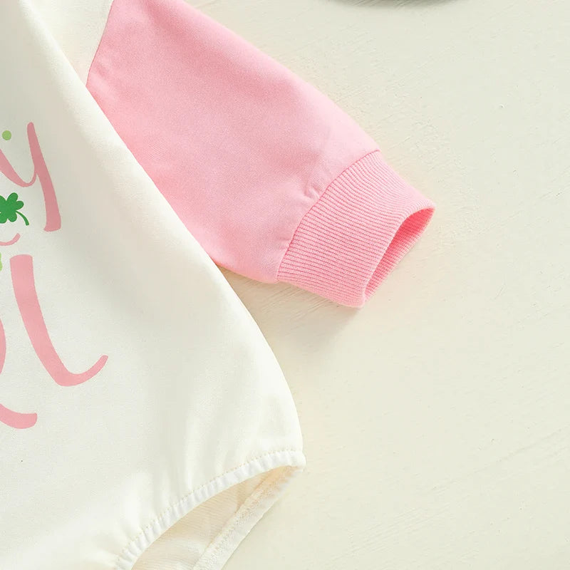 Baby Girls Lucky Girl Spring St. Patrick's Day Bubble Romper Long Sleeve Crewneck Shamrock Horseshoe Print Bodysuit