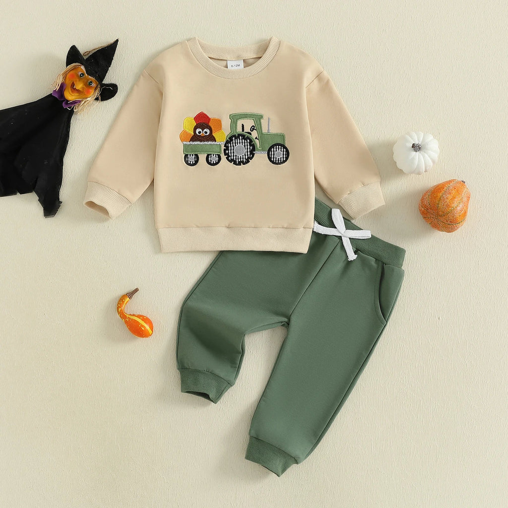 Baby Boy Fall Outfit Pumpkin Turkey Tractor Embroidery Long Sleeve Sweatshirt and Elastic Pants Clothes