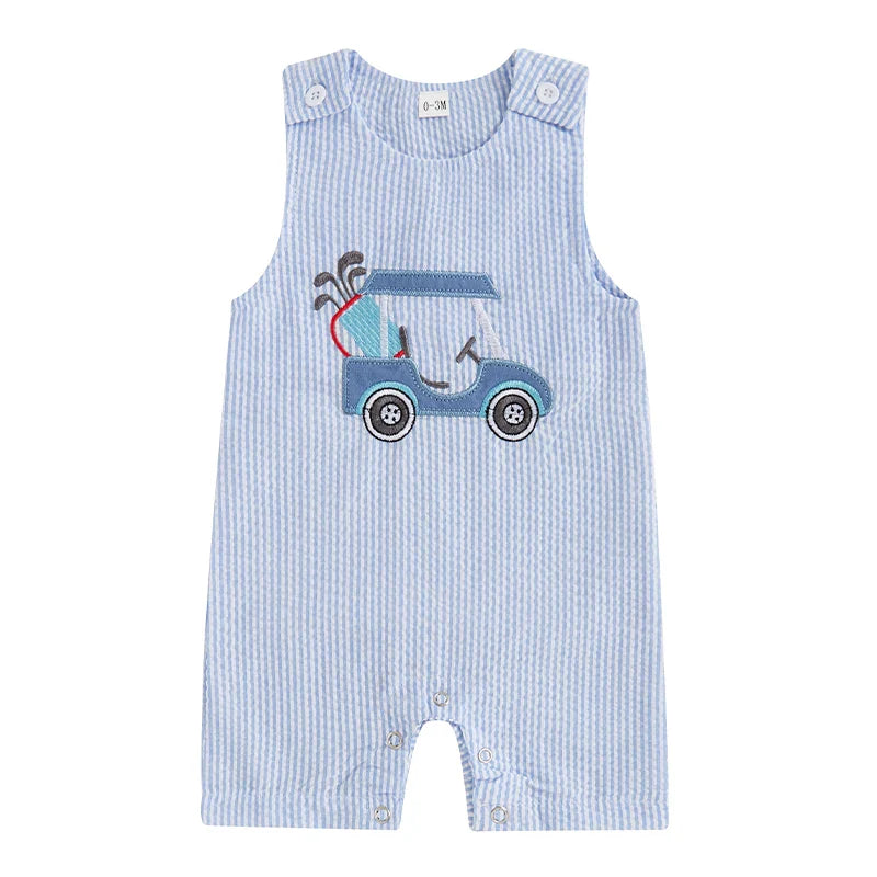 Baby Boys Jumpsuit Sleeveless Crew Neck Striped Embroidery Golf Cart Summer Romper
