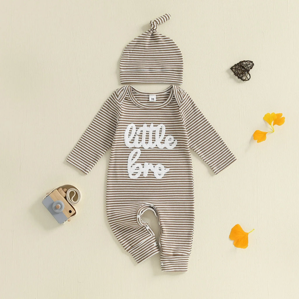 Baby Boys 2Pcs Autumn Striped Jumpsuit Long Sleeve Crewneck Letter Little Bro Embroidery Romper with Hat Set