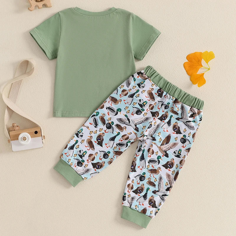 Baby Toddler Boys 2Pcs Outfit Summer Spring Duck Embroidery Short Sleeve T-Shirt Top and Elastic Waist Jogger Pants Set