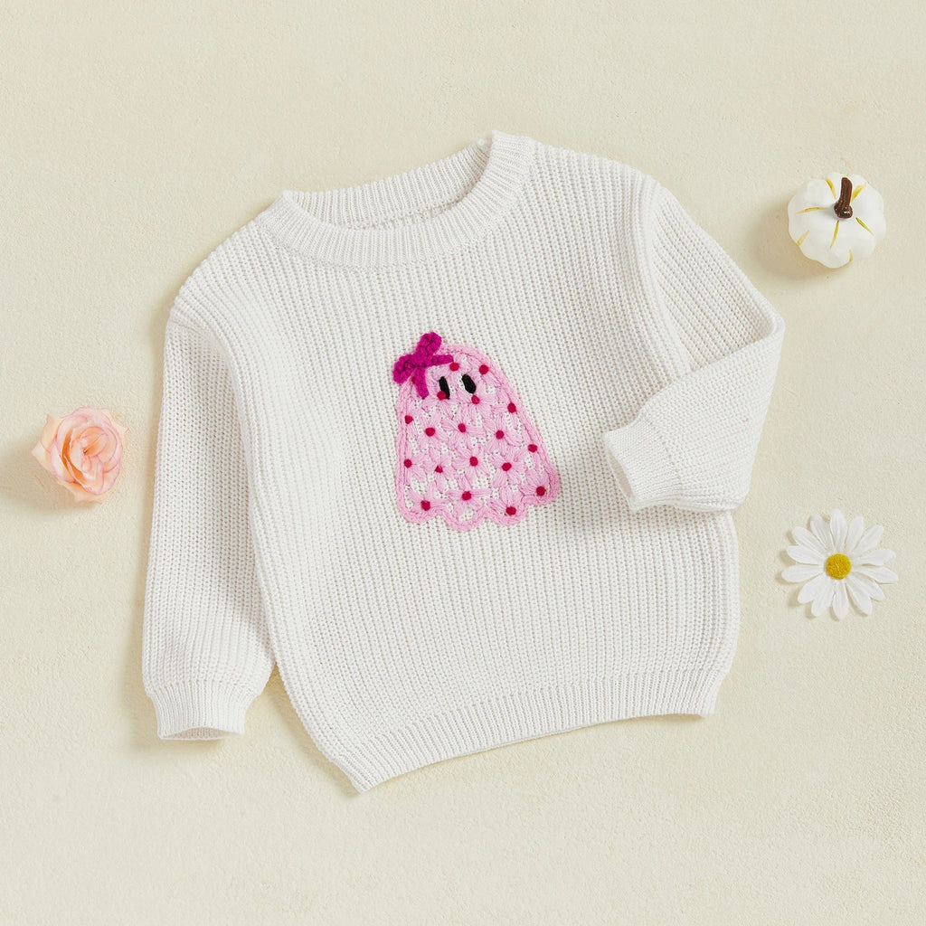 Baby Toddler Kids Girl Halloween Sweater Long Sleeve Round Neck Ghost Flower Embroidery Knit Pullover Top