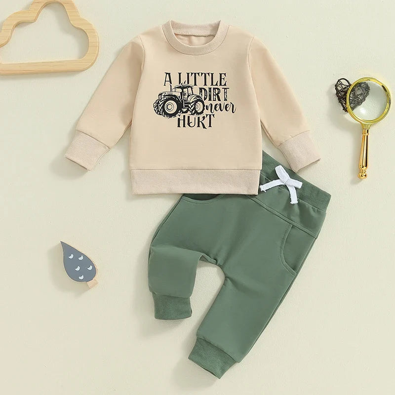 Baby Toddler Boys 2Pcs A Little Dirt Never Hurt/ Just One More Tractor I Promise Fall Outfit Letter Tractor Print Long Sleeve Top and Long Pants Set