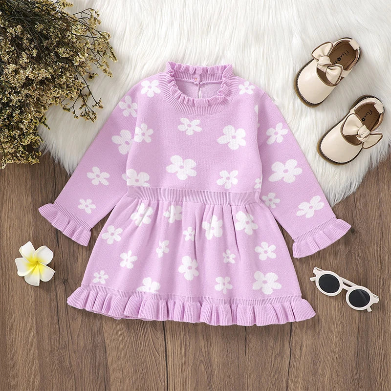 Baby Toddler Girl Long Sleeve Flower Floral Print Ruffle Sweater A-Line Dress