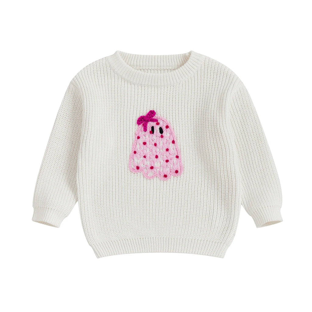 Baby Toddler Kids Girl Halloween Sweater Long Sleeve Round Neck Ghost Flower Embroidery Knit Pullover Top