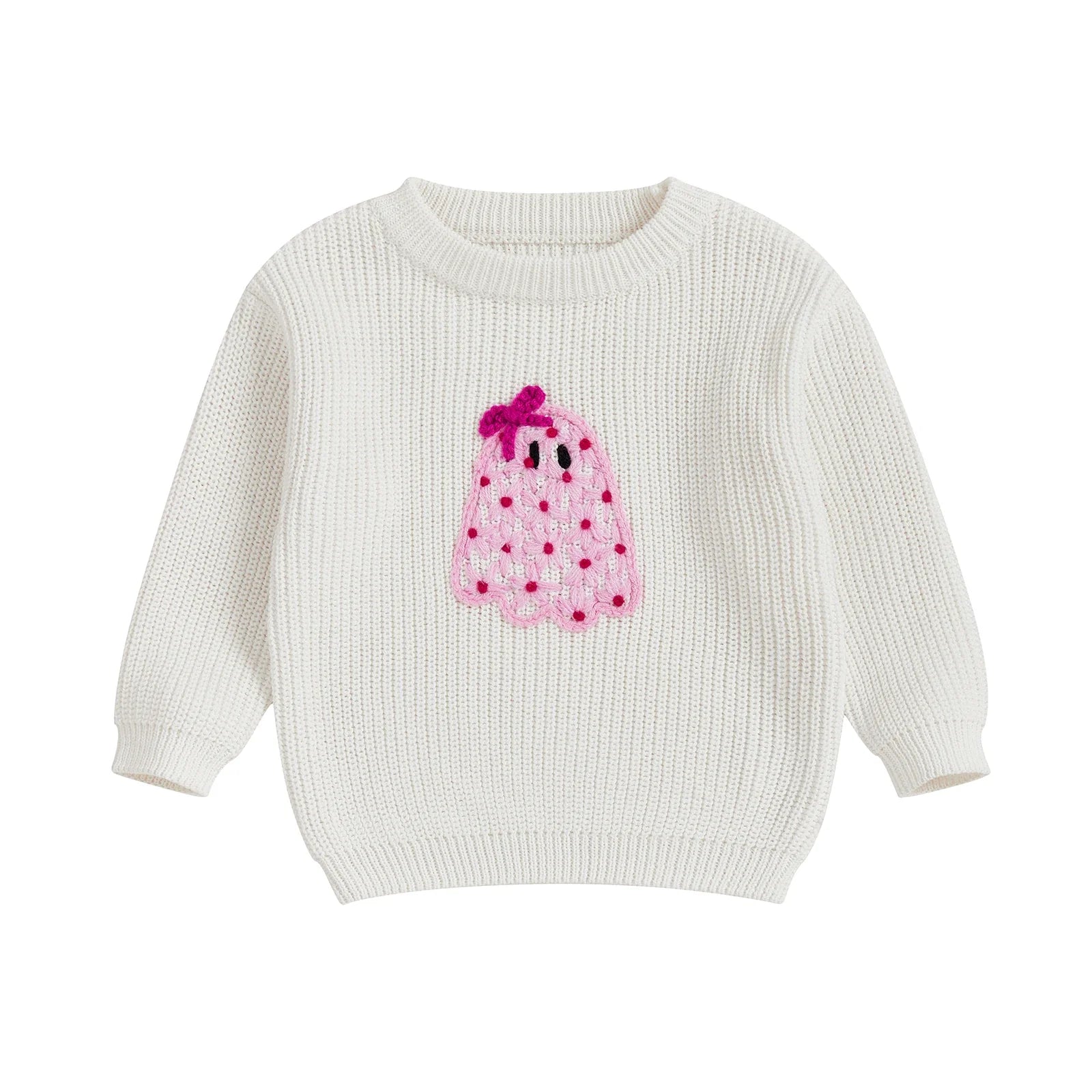 Baby Toddler Kids Girl Halloween Sweater Long Sleeve Round Neck Ghost Flower Embroidery Knit Pullover Top