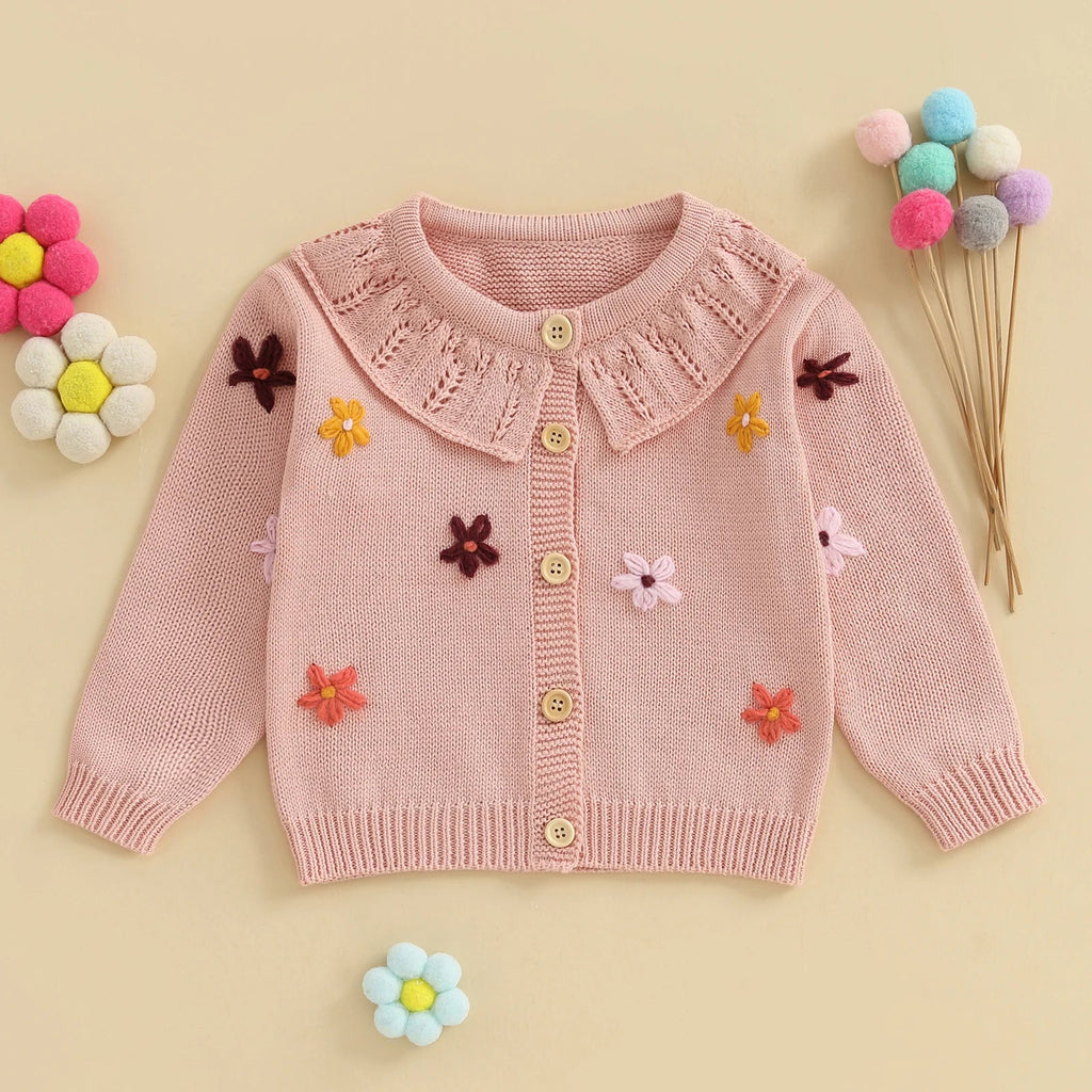 Baby Toddler Girls Cardigan Sweater 3D Flower Design Button Down Long Sleeve Knitted Top