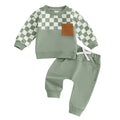 Baby Toddler Boys 2Pcs Fall Clothes Checkerboard Print Long Sleeve Pocket Top with Solid Color Long Pants Outfit Set