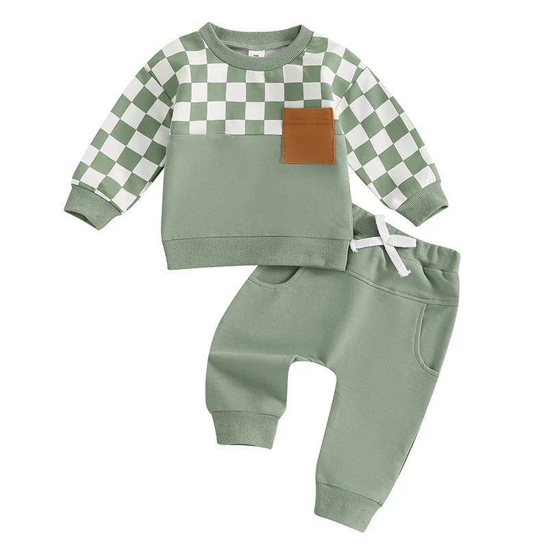 Baby Toddler Boys 2Pcs Fall Clothes Checkerboard Print Long Sleeve Pocket Top with Solid Color Long Pants Outfit Set