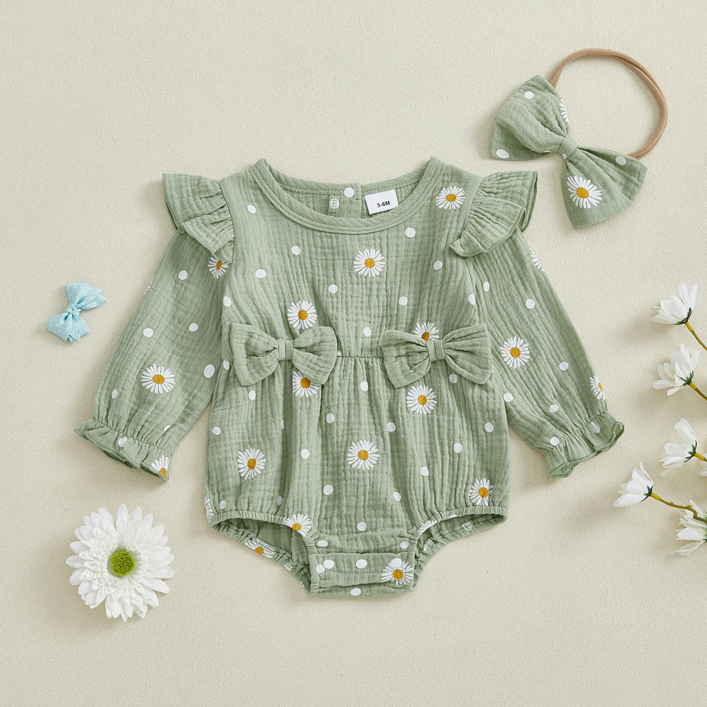 Baby Girl Fall Bubble Romper Daisy Print Long Sleeve Round Neck Bow Jumpsuit with Headband