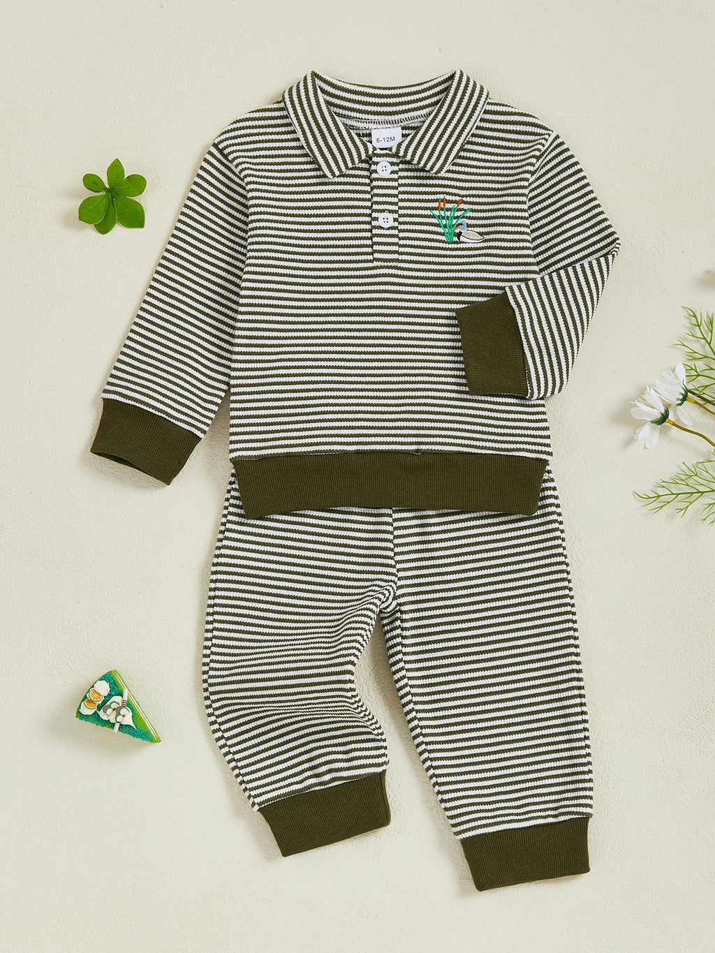 Baby Toddler Boys 2Pcs Long Sleeve Embroidery Duck Top with Striped Pants Infant Clothes Set