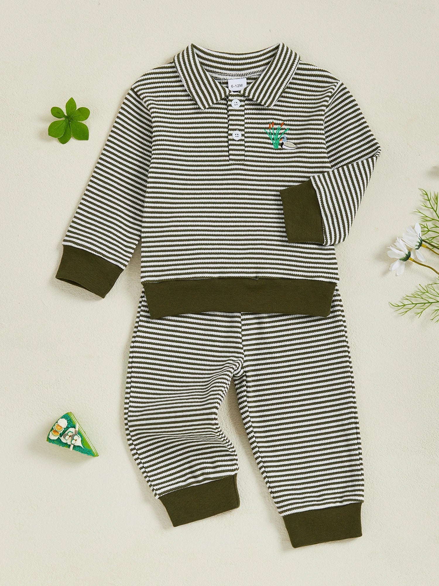 Baby Toddler Boys 2Pcs Long Sleeve Embroidery Duck Top with Striped Pants Infant Clothes Set