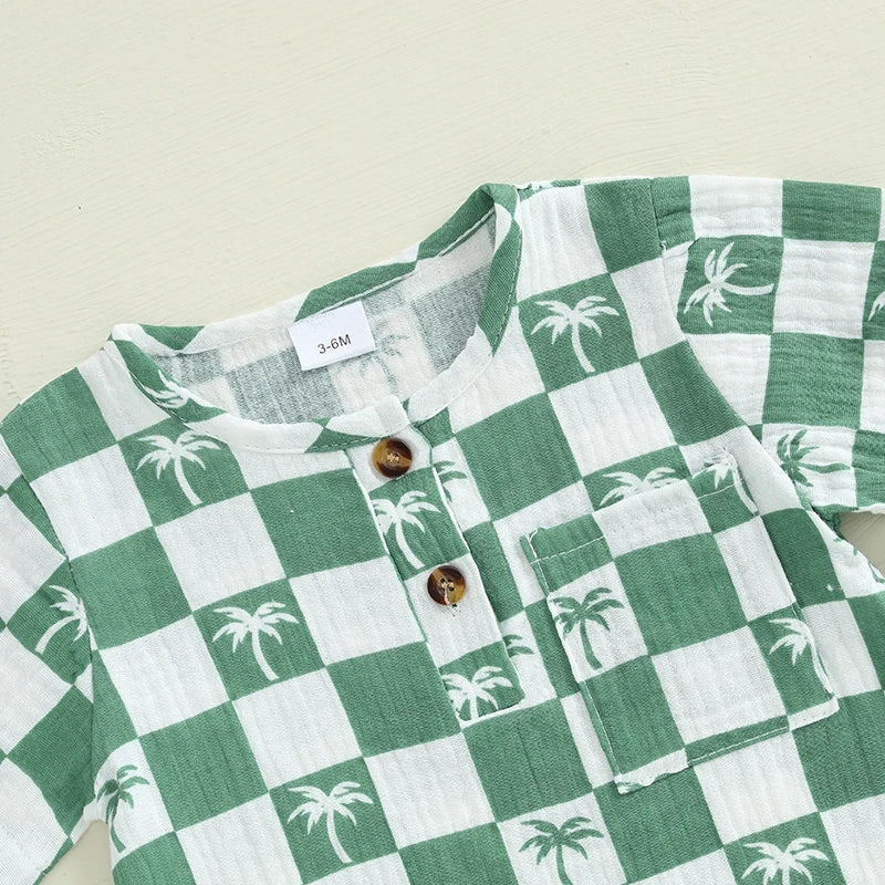 Baby Boy Romper Summer Short Sleeve Round Neck Checkered Tree Print Jumpsuit Playsuit