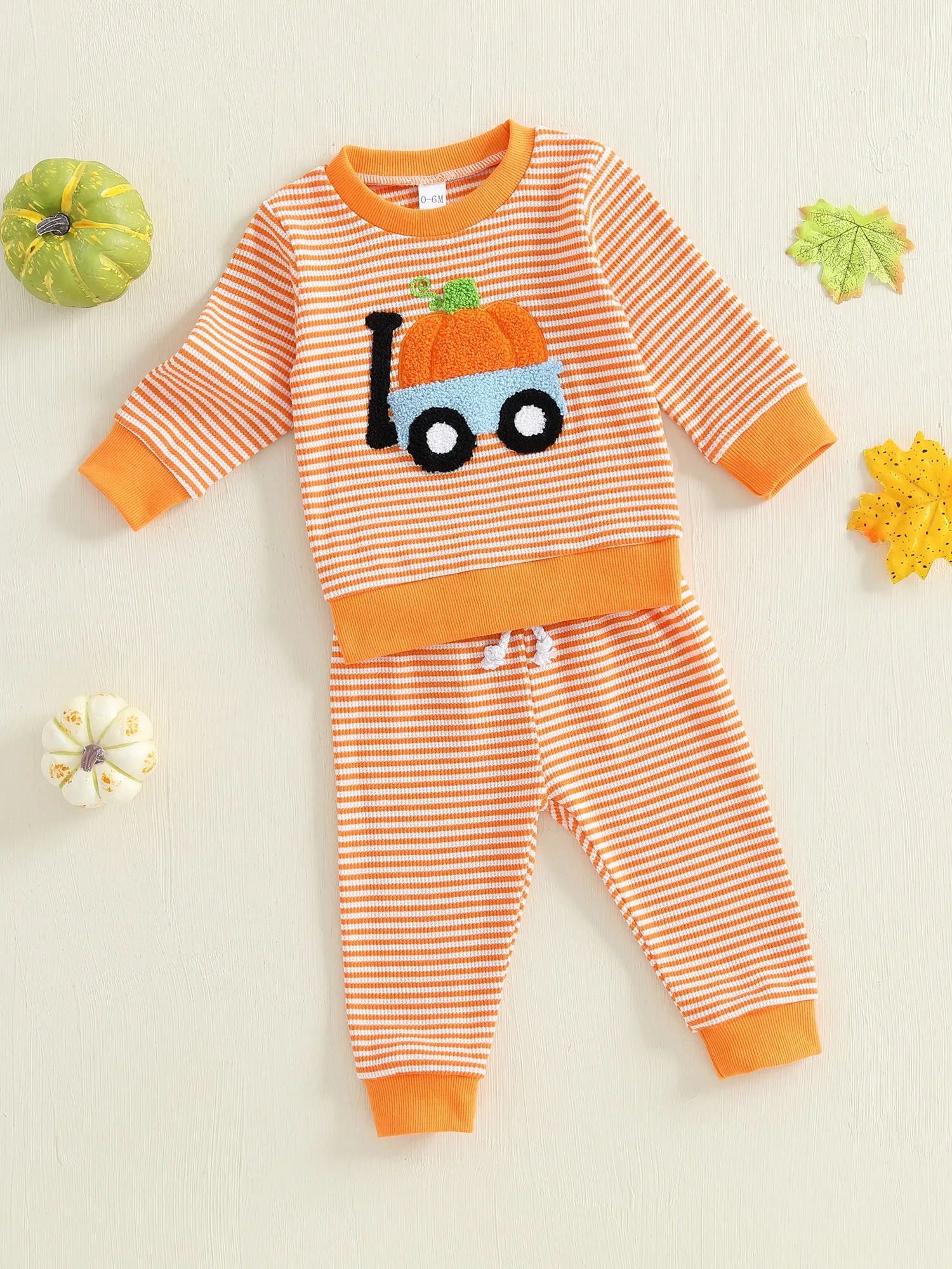 Baby Toddler Boy Girl 2Pcs Halloween Outfit Pumpkin Embroidery Boo Ghost Striped Long Sleeve Top and Elastic Jogger Pants Set
