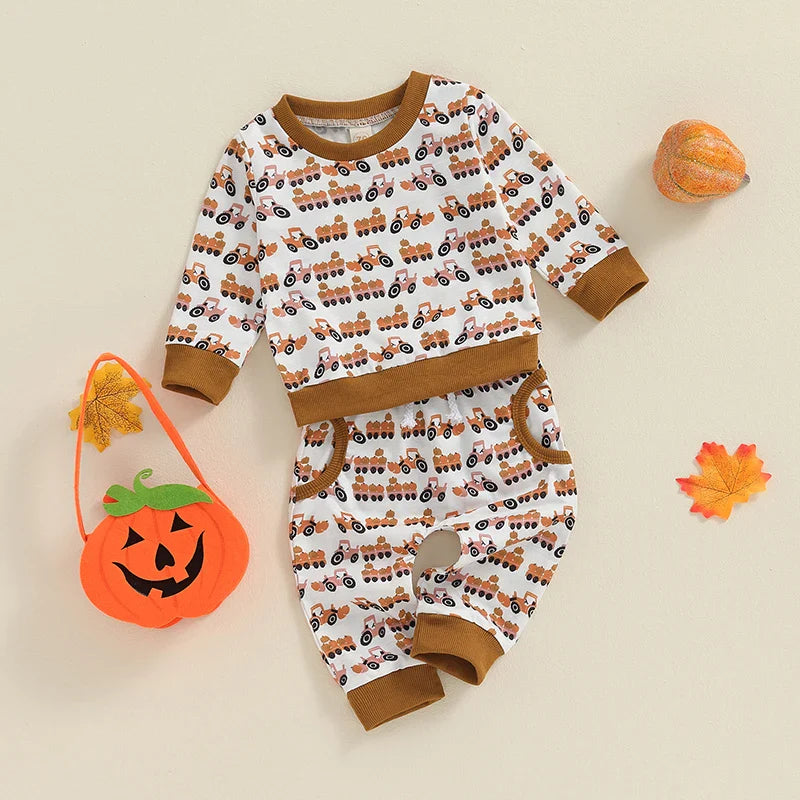 Baby Toddler Boys 2Pcs Halloween Outfit Pumpkin Trailer Tractor Print Long Sleeve Top and Long Pants Fall Set