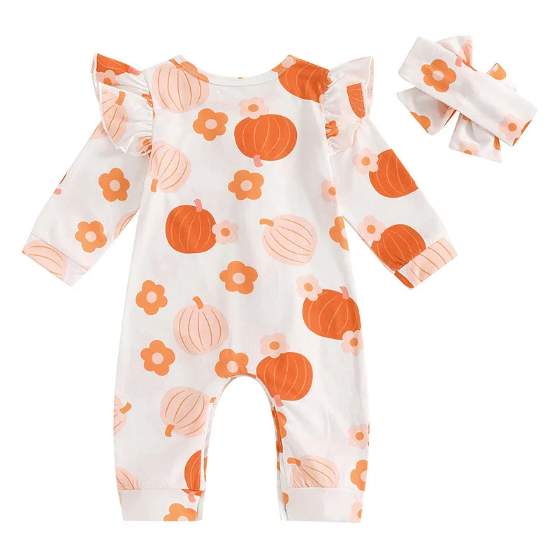 Baby Girls 2Pcs Fall Outfit Long Sleeve Pumpkin Flower Print Jumpsuit with Headband Halloween Clothes Romper Set
