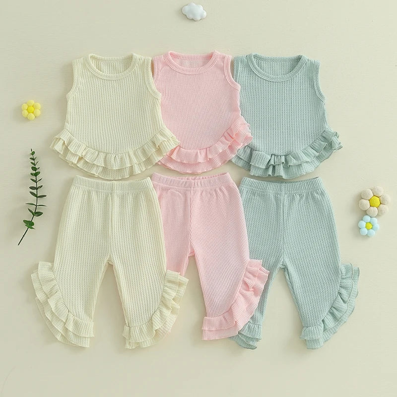 Baby Toddler Girl 2Pcs Summer Outfit Solid Waffle Round Neck Ruffled Tank Top with Long Pants Set