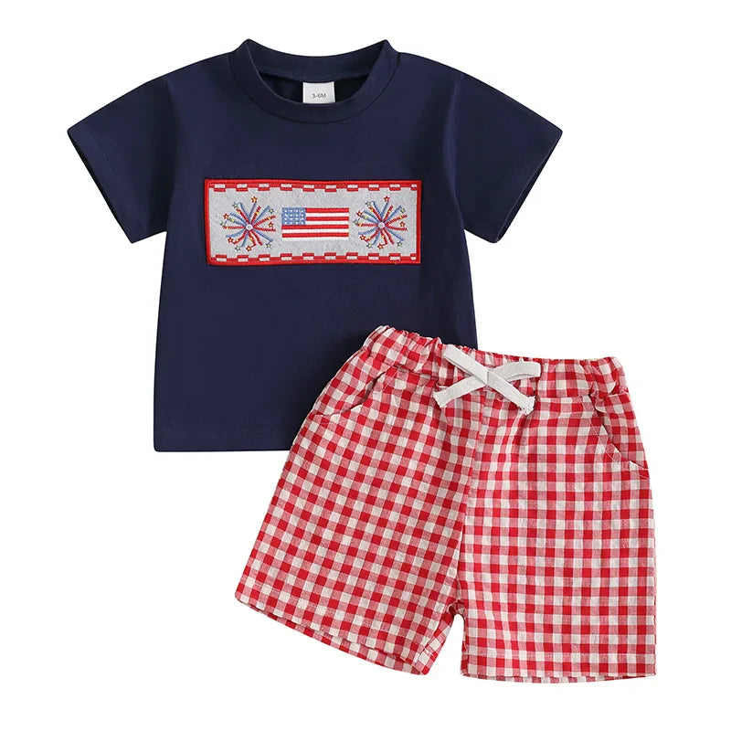 Baby Toddler Boys 2Pcs 4th of July Outfit Short Sleeve Truck/Flag Embroidery T Shirt Top + Shorts Set Clothes