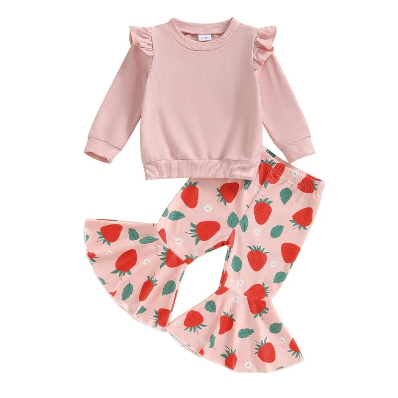 Baby Toddler Girls 2Pcs Outfit Fly Long Sleeve Round Neck Top Floral Flower / Butterfly / Strawberry Print Flared Pants Set